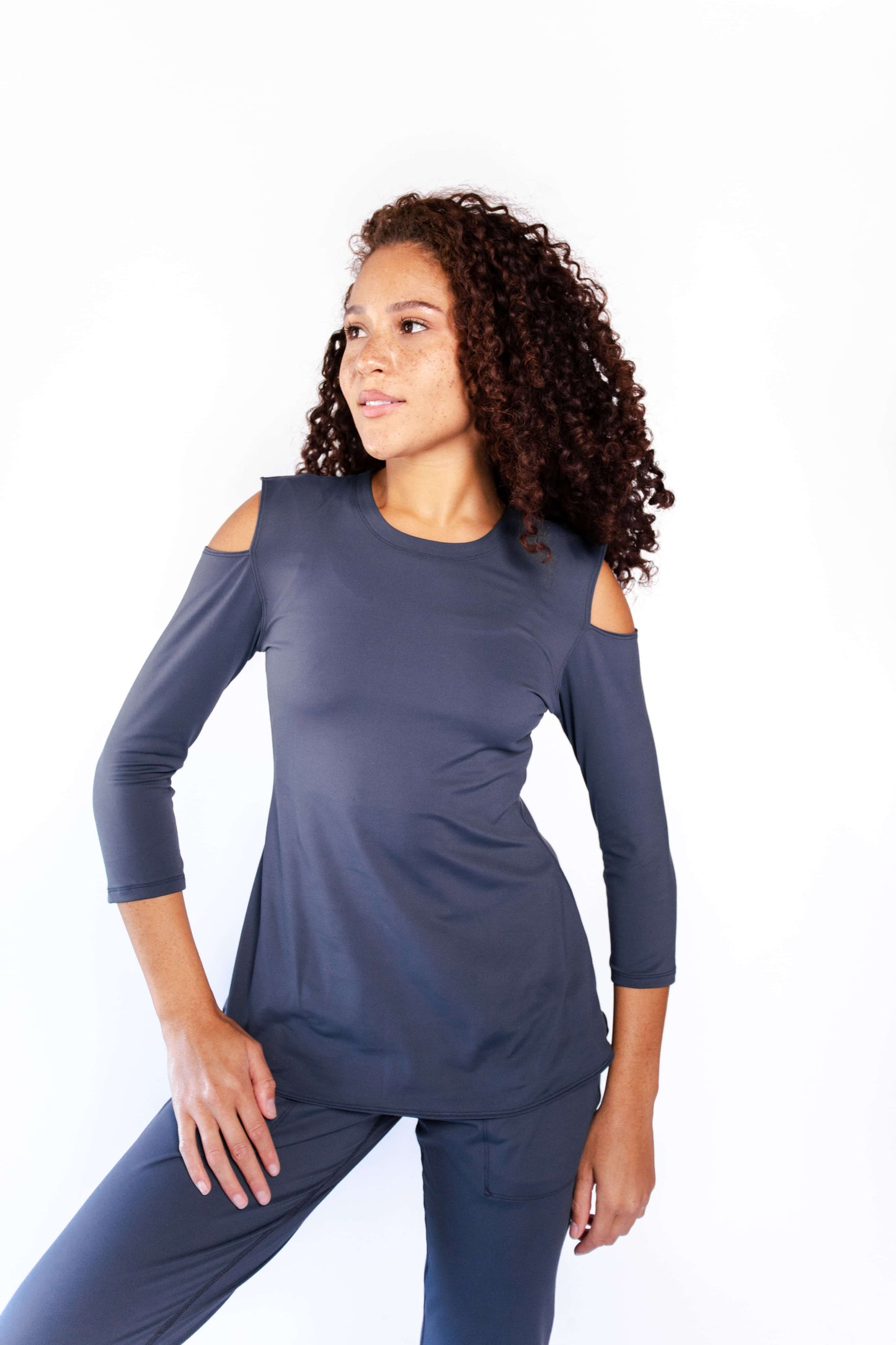 Open Shoulder Top in Navy Blue by Yoga Democracy