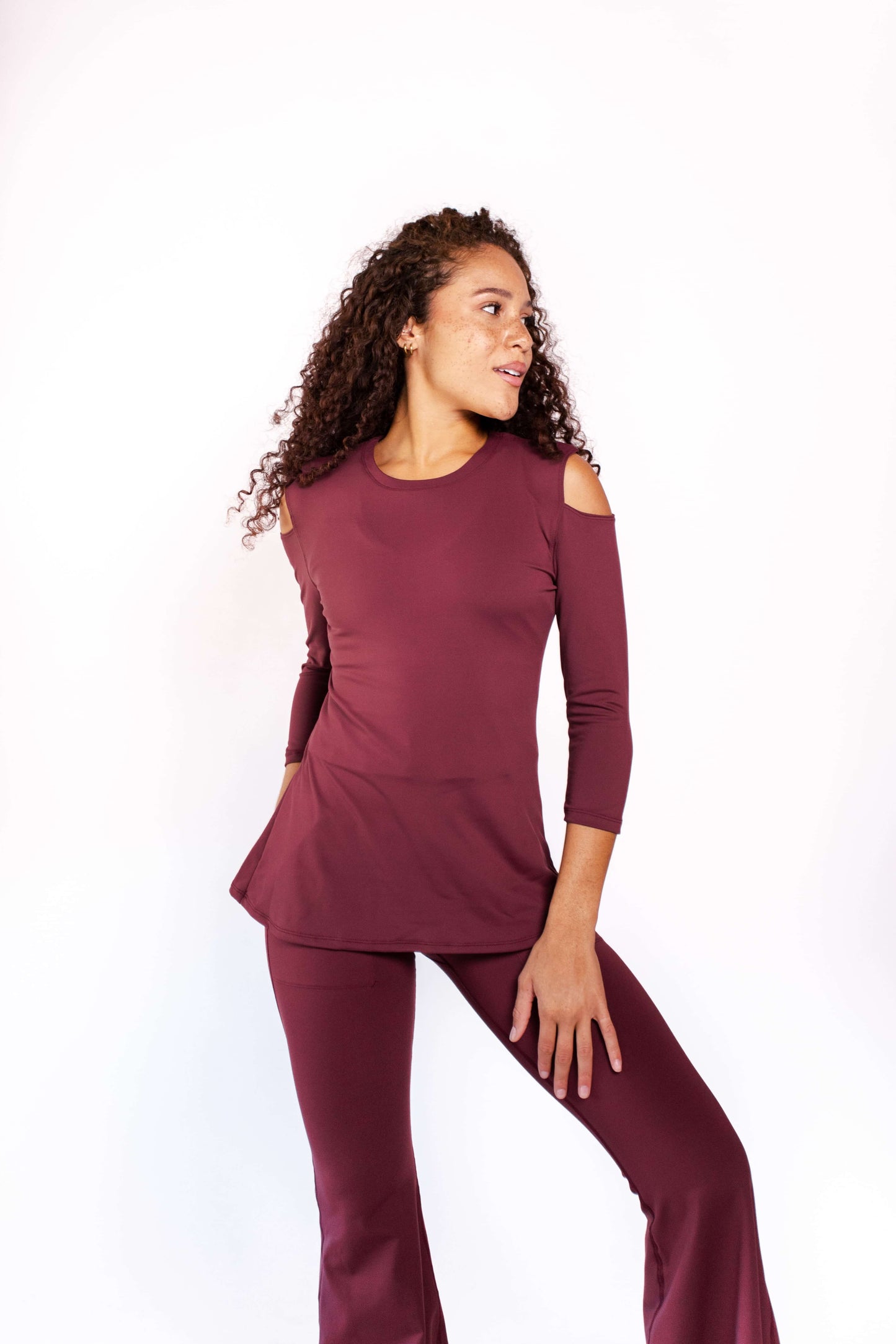 Open Shoulder Top in Maroon by Yoga Democracy