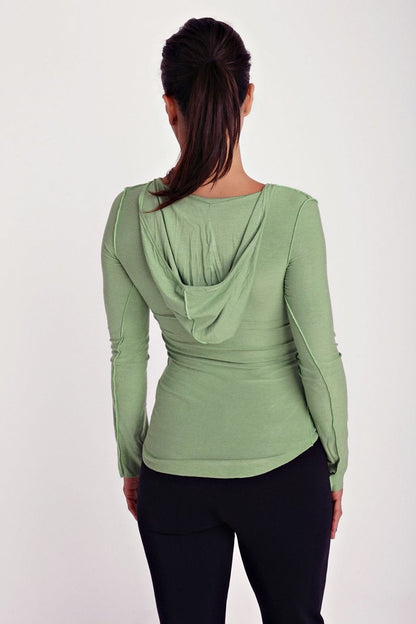 Deep Scoop Neck Long Sleeve Hoodie Top (Bamboo Green) by 4-rth