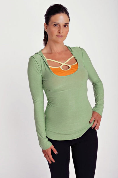 Deep Scoop Neck Long Sleeve Hoodie Top (Bamboo Green) by 4-rth