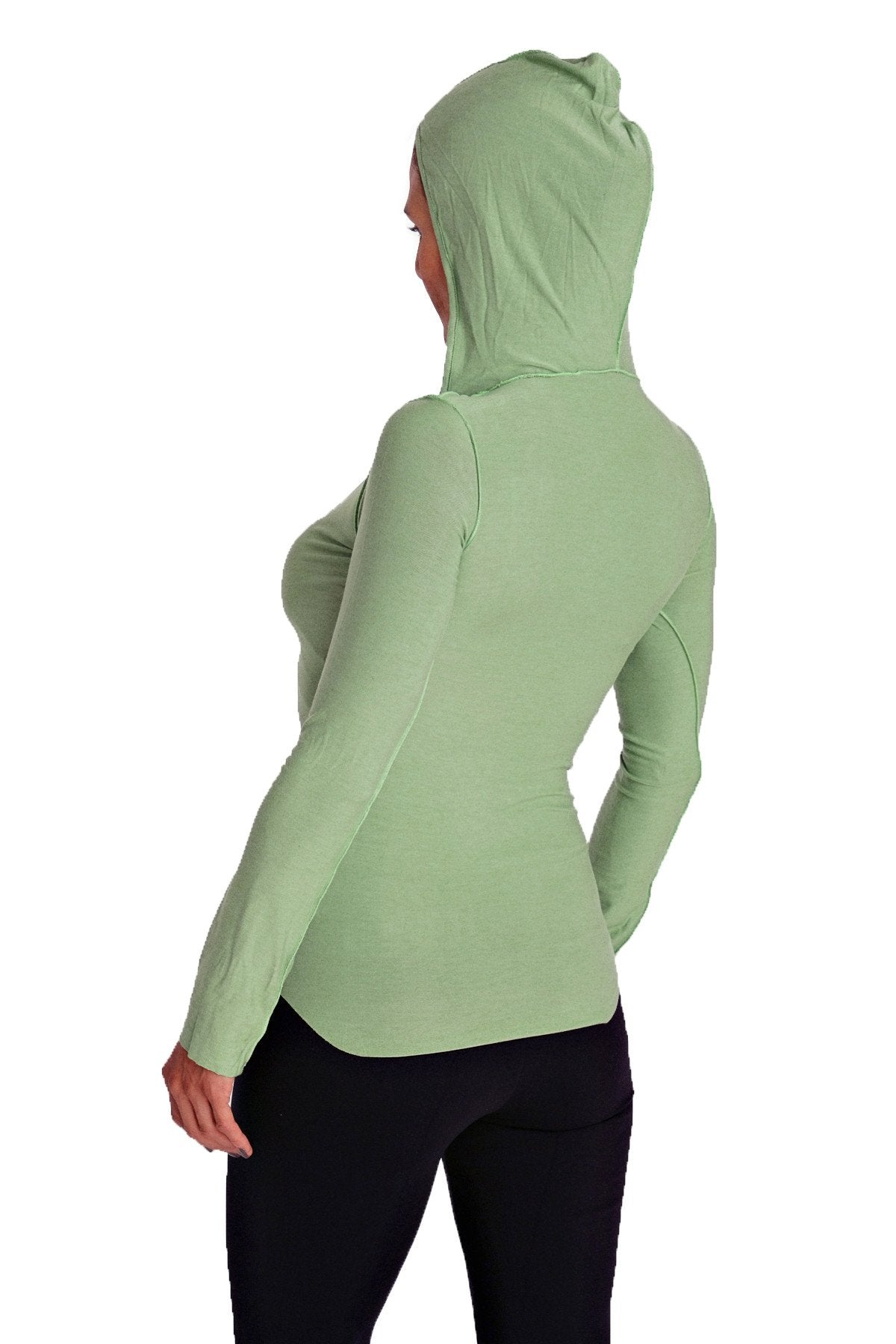 Deep Scoop Neck Long Sleeve Hoodie Top (Bamboo Green) by 4-rth